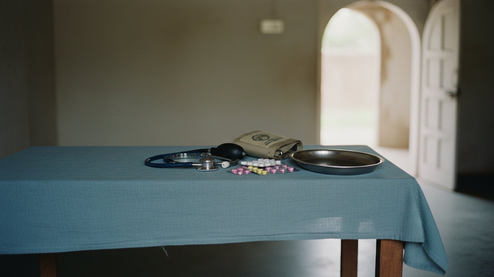 Illustration: a stethoscope, blood-pressure cuff and medicine strips on a health-camp table, representing medical aid support.