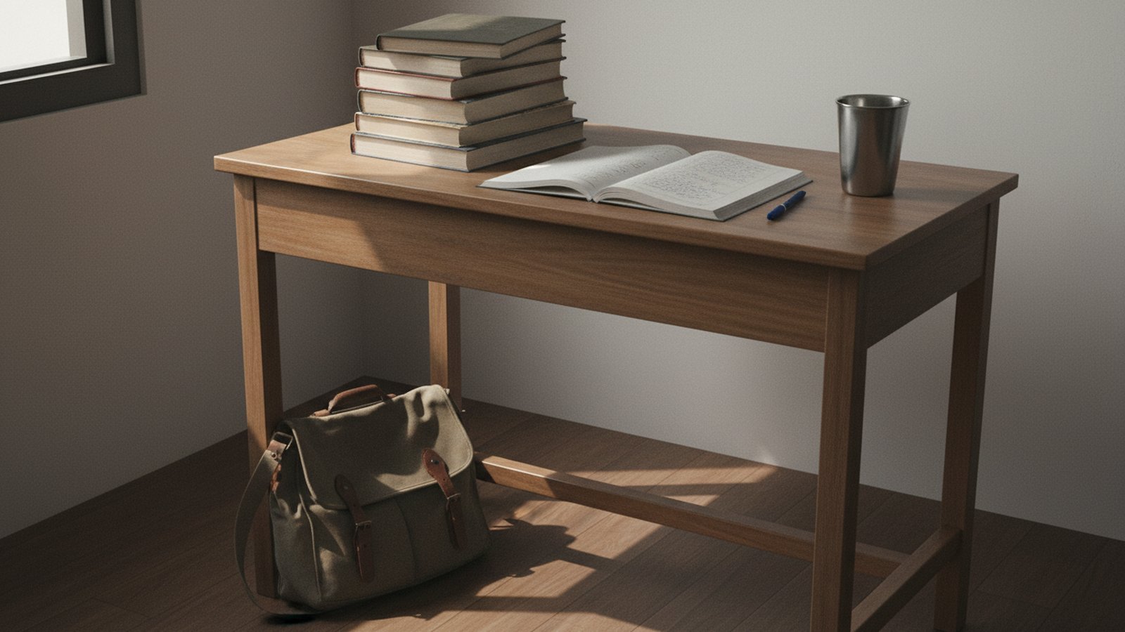 Illustration: a stack of textbooks and an open notebook on a study desk, representing scholarship support.